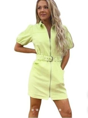 Vici Neon Lime Zip-Front Belted Mini Dress